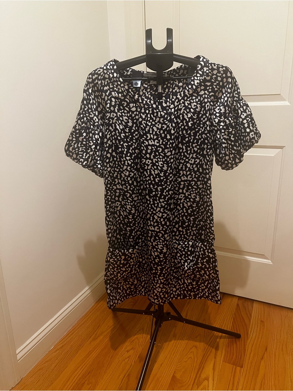 Vintage Y2K Necessary Objects Leopard Shift Dress Puff Sleeve Pockets S